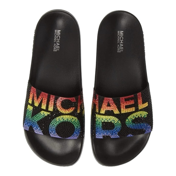 Michael Kors Gilmore Slip On Sandals Rhinestone Black Multi Color Size 8 NWT - Picture 1 of 6